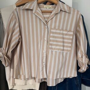 STARK X Beige & White Striped Button-Front Crop Shirt
